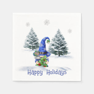 Blue Christmas Gnome with Tree Napkin