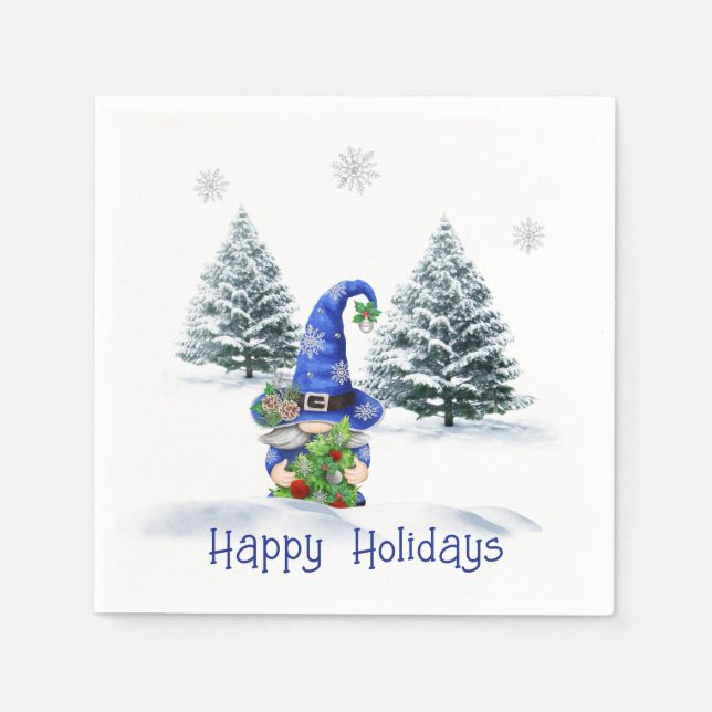 Blue Christmas Gnome with Tree Napkin (Front)