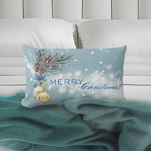 Blue Christmas Gold Ornament Lumbar Pillow