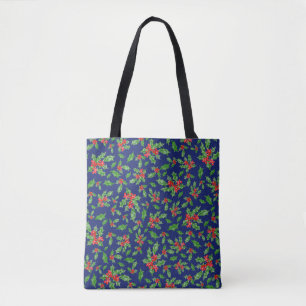 Blue Christmas green holly leaves and red berries Tote Bag