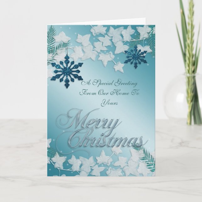 Blue Christmas Greeting from our home to yours Holiday Card (Front)