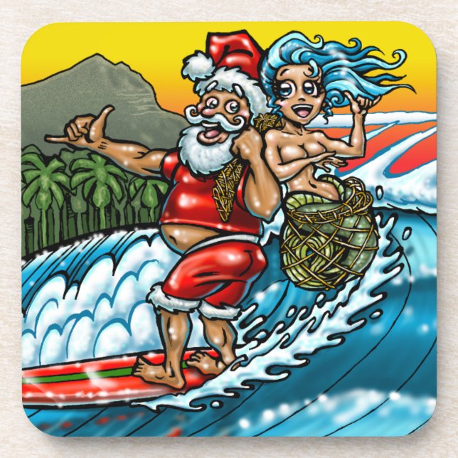 Blue Christmas Hawaiian Surfing Santa Illustration Coaster (Front)