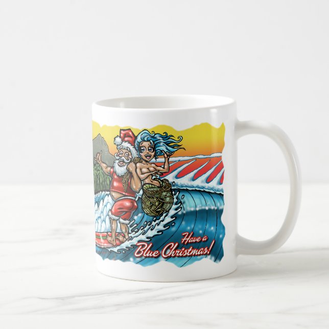 Blue Christmas Hawaiian Surfing Santa Illustration Coffee Mug (Right)