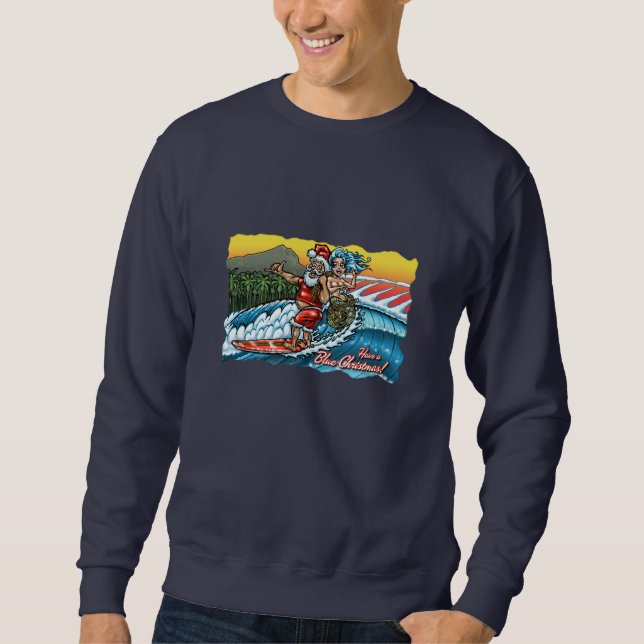 Blue Christmas Hawaiian Surfing Santa Illustration Sweatshirt (Front)