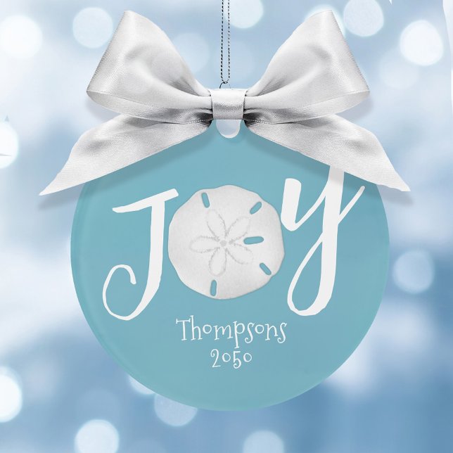 Blue Christmas Holiday Joy Photo Beach Sand Dollar Ornament (Simple Joy Typography sand dollar turquoise blue Christmas Photo Ornament. )