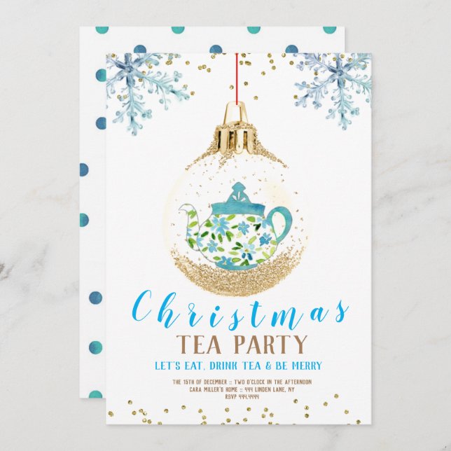Blue Christmas Holiday Tea Party Invitation (Front/Back)