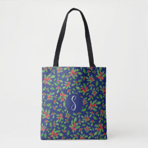 Blue Christmas holly leaves custom monogram Tote Bag
