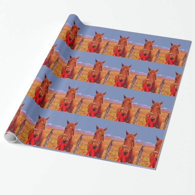 Blue :Christmas Horse with red bow & stocking Wrapping Paper (Unrolled)