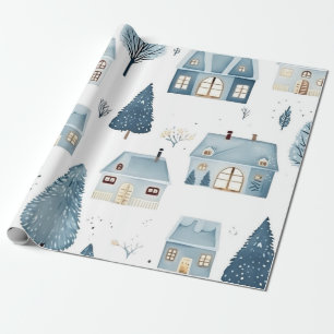 Blue Christmas House and Trees Wrapping Paper