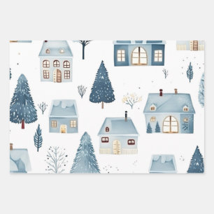 Blue Christmas House and Trees Wrapping Paper Sheet