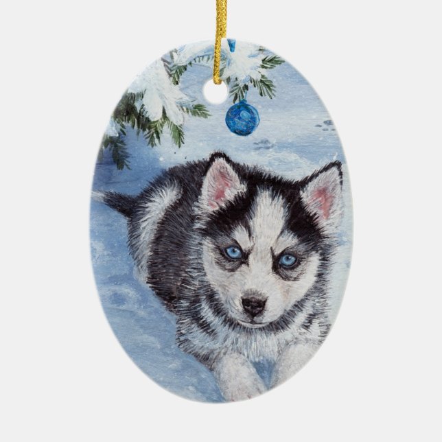 Blue Christmas Husky Dog Pup Xmas Ornament (Front)