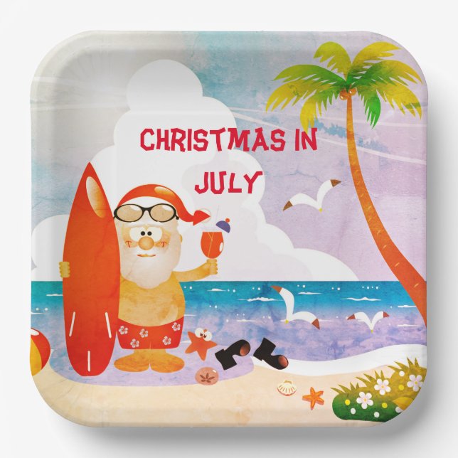 Blue Christmas In July  Santa Claus Summer Beach  Paper Plate (Front)