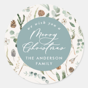 Blue Christmas minimal elegant botanical photo Classic Round Sticker