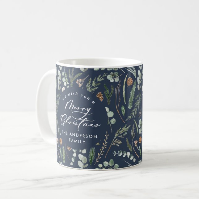 Blue Christmas minimal elegant botanical photo Coffee Mug (Front Left)