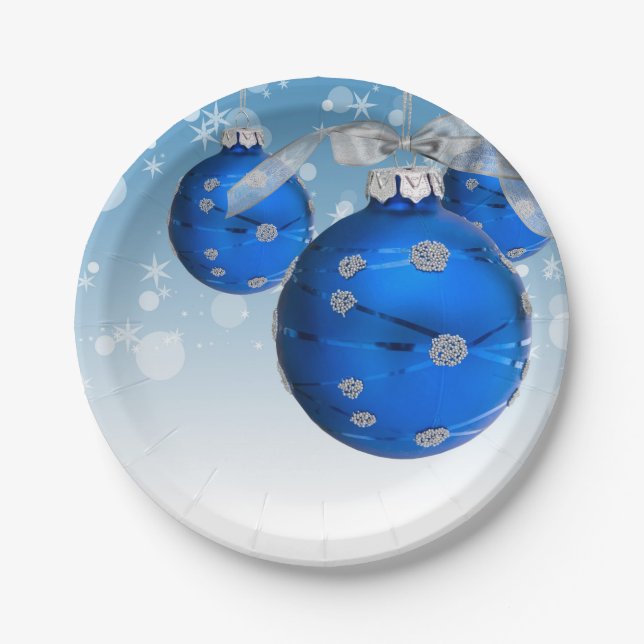 blue Christmas ornament and snowflakes Paper Plate (Front)