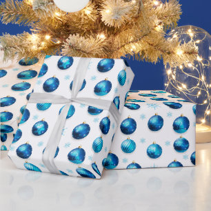 Blue Christmas Ornaments and Snowflakes Wrapping Paper