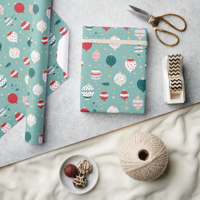 Blue Christmas Ornaments Cartoon Pattern Wrapping Paper (Crafts)