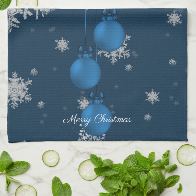 Blue Christmas Ornaments Kitchen Towel (Folded)