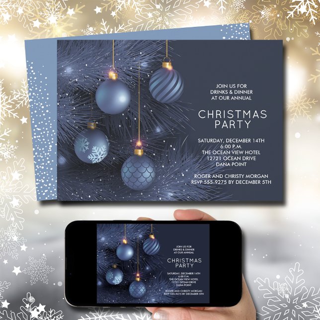 Blue Christmas Ornaments Party Invitation (Blue Christmas Tree and Ornaments Holiday Party Invitations)