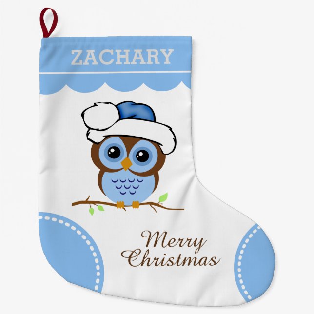 Blue Christmas Owl Large Christmas Stocking (Front)
