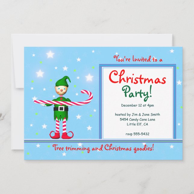 Blue Christmas Party Candy Cane Elf Invitation (Front)