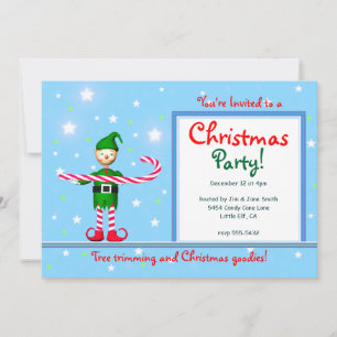 Blue Christmas Party Candy Cane Elf Invitation