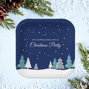Blue Christmas Party Winter Trees Custom Dessert Paper Plate