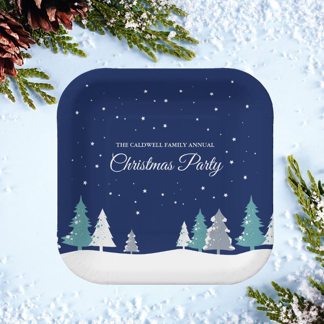 Blue Christmas Party Winter Trees Custom Dessert Paper Plate (Creator Uploaded)