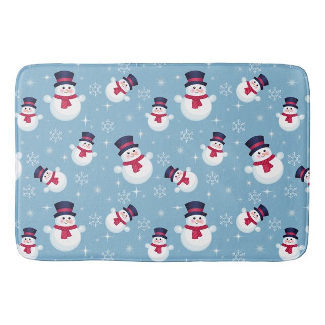 Blue Christmas Pattern With Snowmen And Snowflakes Bath Mat (Front)