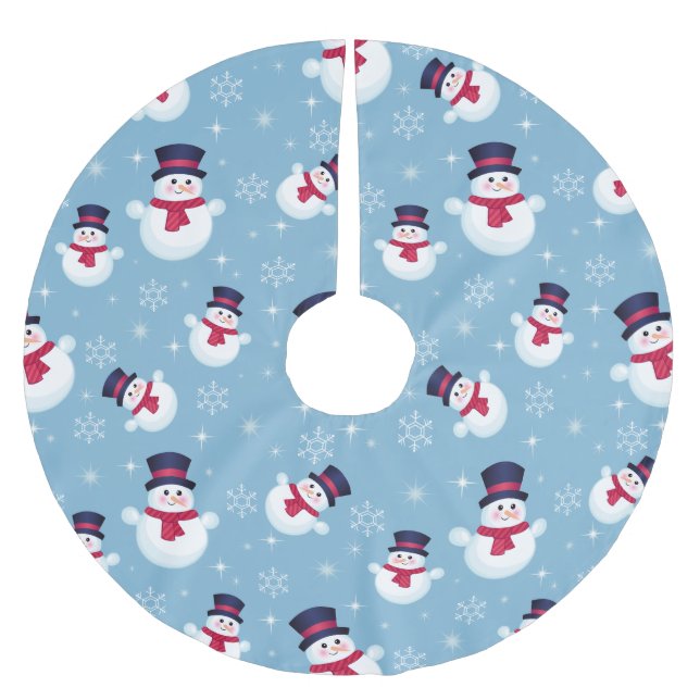 Blue Christmas Pattern With Snowmen And Snowflakes Brushed Polyester Tree Skirt (Front)