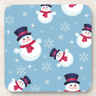 Blue Christmas Pattern With Snowmen And Snowflakes Coaster