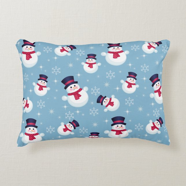 Blue Christmas Pattern With Snowmen And Snowflakes Decorative Cushion (Front)