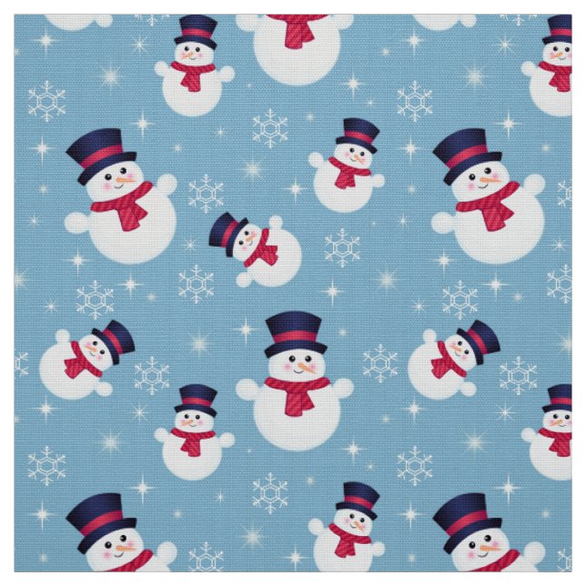 Blue Christmas Pattern With Snowmen And Snowflakes Fabric (Swatch)