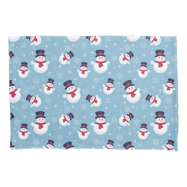 Blue Christmas Pattern With Snowmen And Snowflakes Pillowcase (Front)
