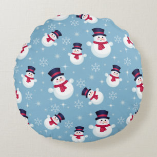 Blue Christmas Pattern With Snowmen And Snowflakes Round Cushion
