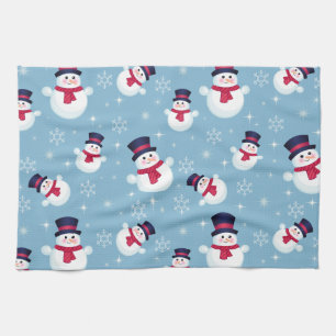 Blue Christmas Pattern With Snowmen And Snowflakes Tea Towel