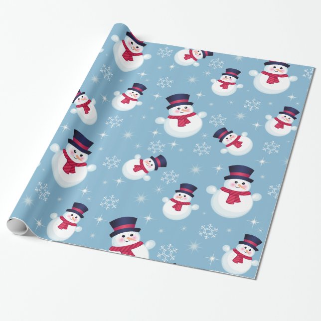 Blue Christmas Pattern With Snowmen And Snowflakes Wrapping Paper (Unrolled)