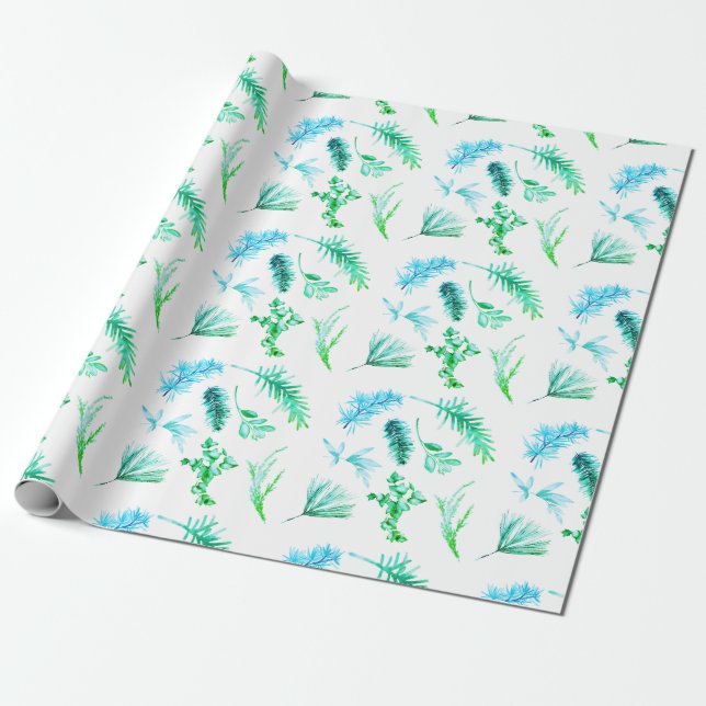 Blue Christmas Pine Botanical Wrapping Paper (Unrolled)