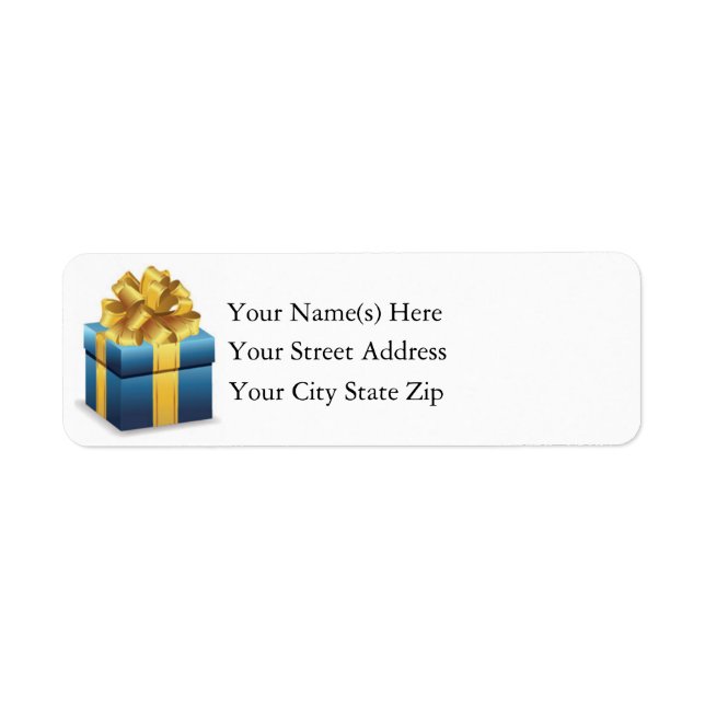 Blue Christmas Present With Gold Ribbon Return Address Label (Front)