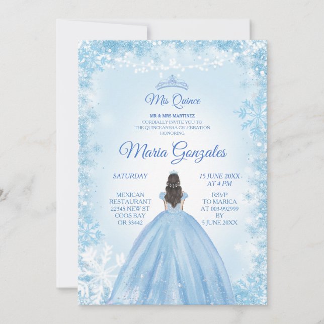 Blue Christmas Princess Quinceanera Invite (Front)