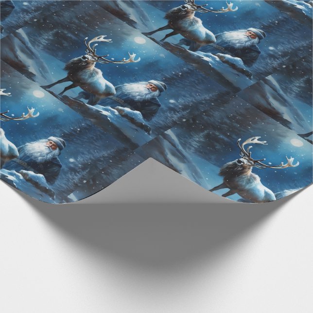 Blue Christmas Santa and Reindeer Wrapping Paper (Corner)