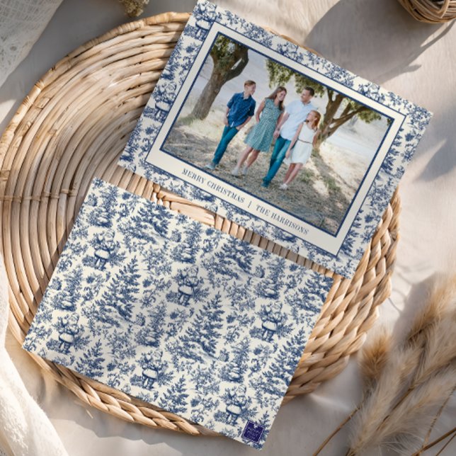 Blue Christmas Santa Toile Photo Holiday Card (Creator Uploaded)