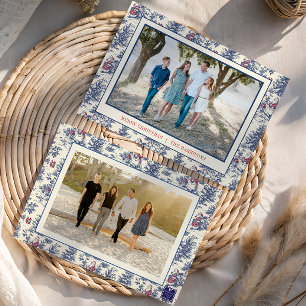 Blue Christmas Santa Toile Photo Holiday Card