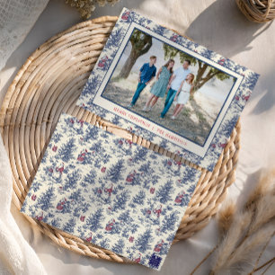 Blue Christmas Santa Toile Photo Holiday Card