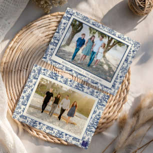 Blue Christmas Santa Toile Photo Holiday Card