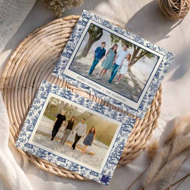 Blue Christmas Santa Toile Photo Holiday Card (Creator Uploaded)