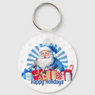 Blue Christmas Santa Vintage Happy Holidays Key Ring