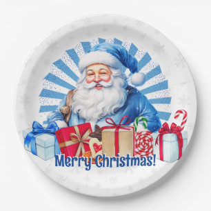 Blue Christmas Santa Vintage Merry Christmas Paper Plate