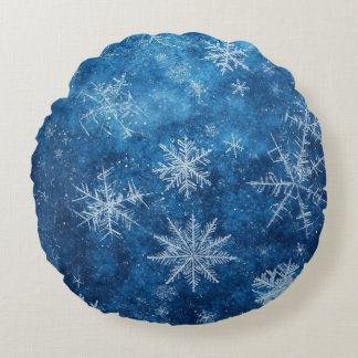 Blue Christmas Snowflake Round Cushion