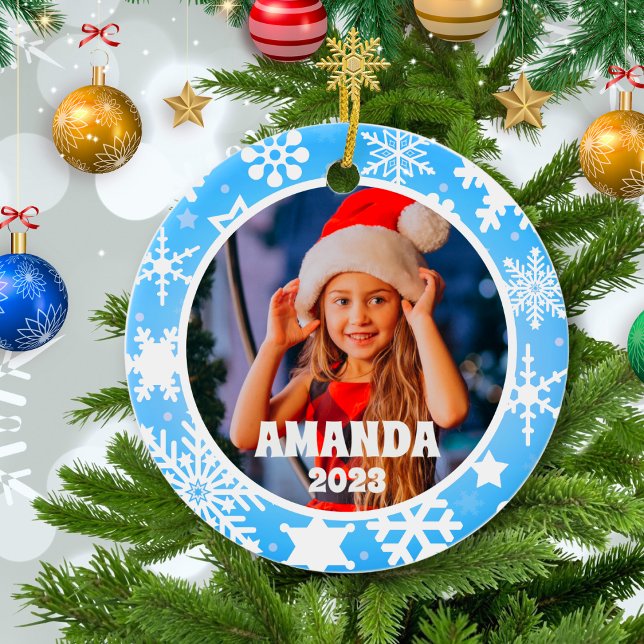 Blue Christmas Snowflakes Personalised Kids Photo Ceramic Ornament (Creator Uploaded)